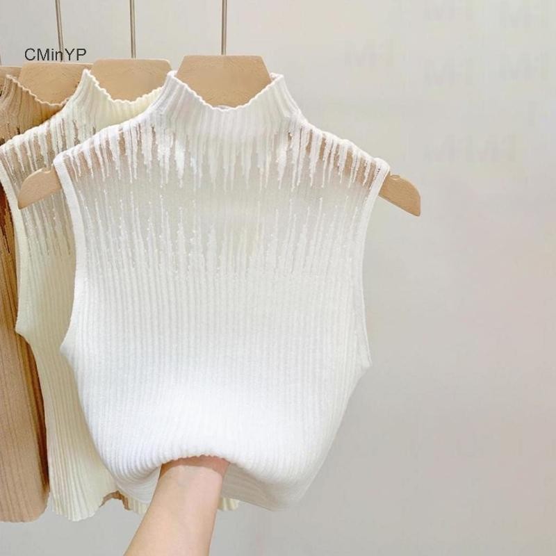 Cminyp Mùa Hè Hàn Quốc Nửa Cổ Rùa Rỗng Dệt Kim Áo Vest Nữ Màu Trơn Không Tay Slim Tank Top Glory
