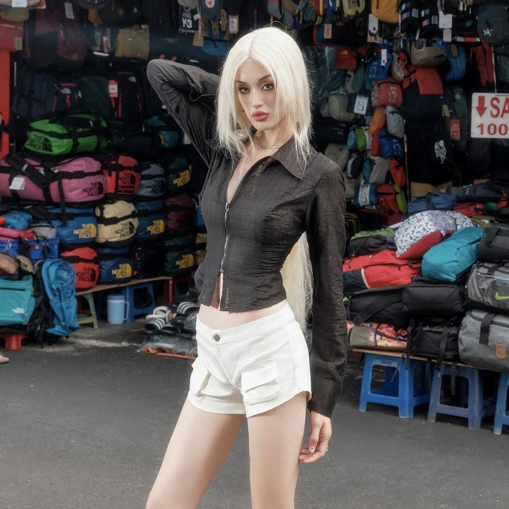 Ảnh Sizzle Shirred Silk Shirt - Áo sơ mi lụa hoạ tiết dây kéo trước 1