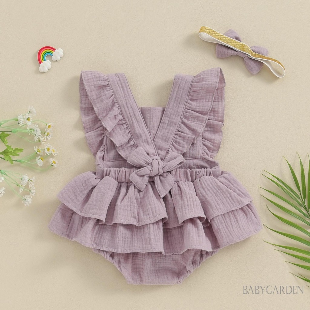 Baga-baby Bé Gái Áo Liền Quần Có Băng Đô Màu Trơn Cổ Vuông Bay Tay Trẻ Sơ Sinh Body Quần Áo Mùa Hè