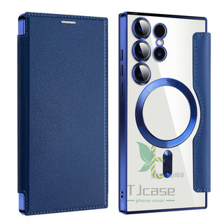 Ốp điện thoại lật da từ tính Samsung S24 S23 Ultra S24 S23 Plus S24 S23 Vỏ trong suốt mạ điện pha lê sạc không dây