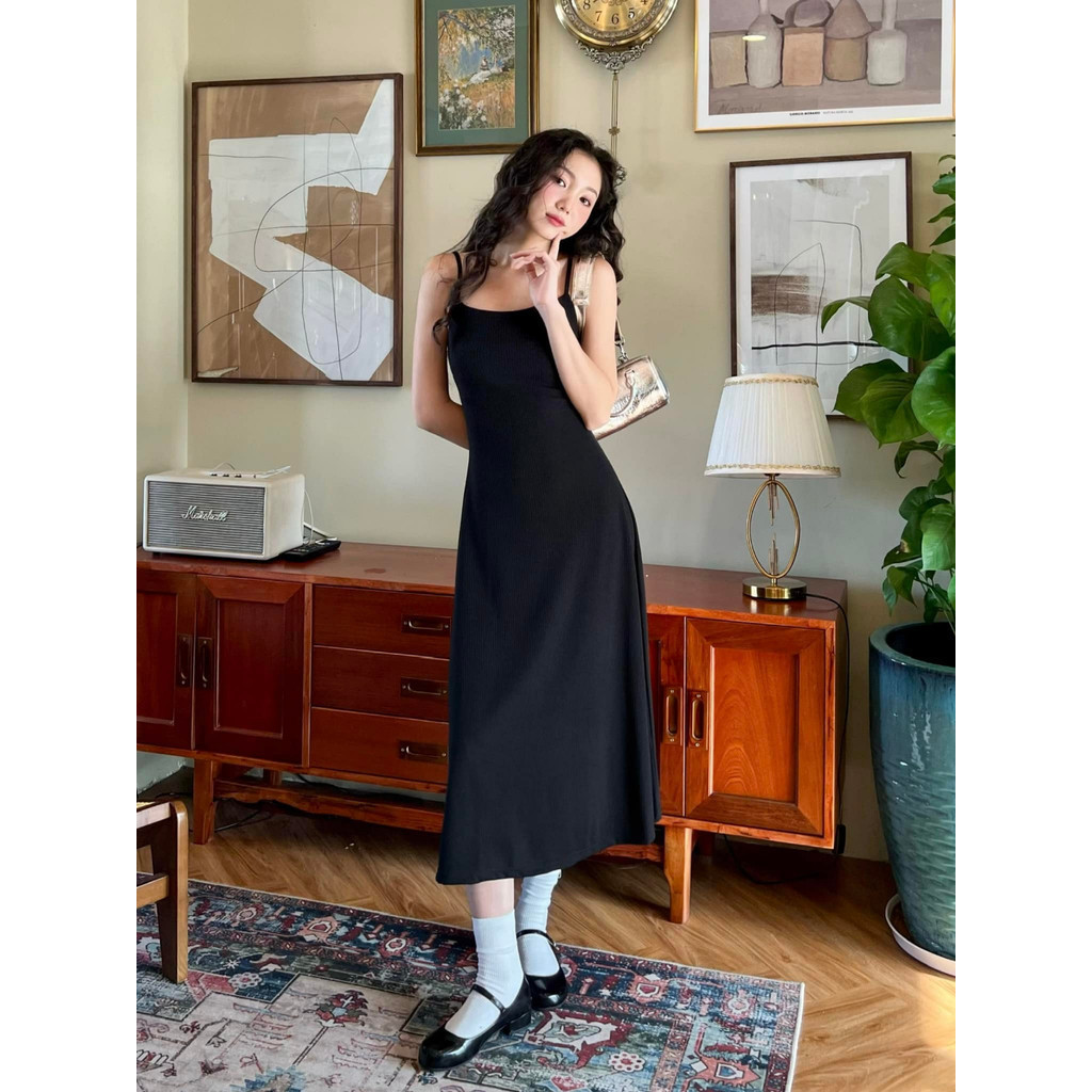 Đầm Body Nữ Hai Dây Dáng Dài Basic Ulzzang Chất Thun Gân Trung Dày Dặn Tôn Dáng - D020