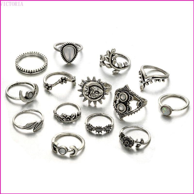 Vic Fashion Moon Star Leaf Flower Rings Bộ 14 chiếc thông thường