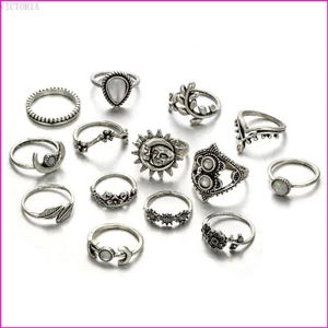 Vic Fashion Moon Star Leaf Flower Rings Bộ 14 chiếc thông thường