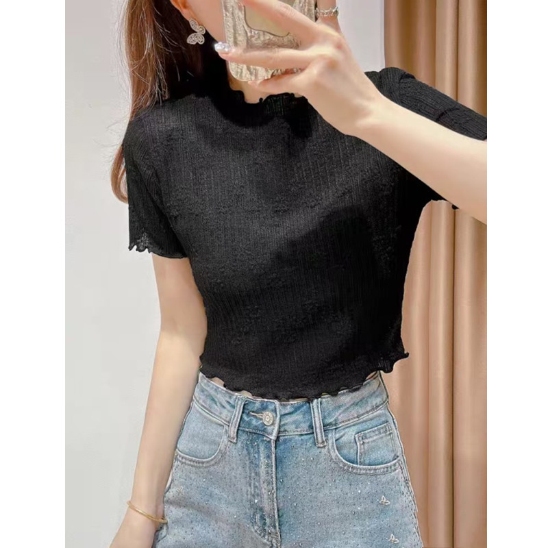 SUXI Áo thun ngắn tay cổ cao màu trơn đơn giản vừa vặn cho nữ 250219