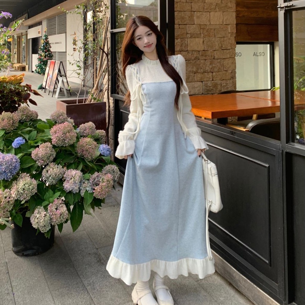 Đầm dài tay phong cách nhẹ nhàng cho phụ nữ mùa hè, phong cách Pháp mới, thanh lịch, ôm eo, đầm dài xòe