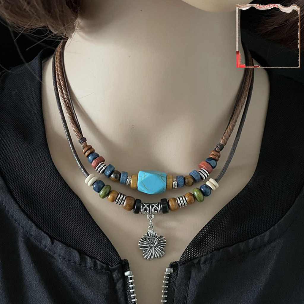 Vòng cổ Nhiều Lớp Bằng Kim Loại Đính Hạt Gỗ Phong Cách Dân Tộc Cho Nam