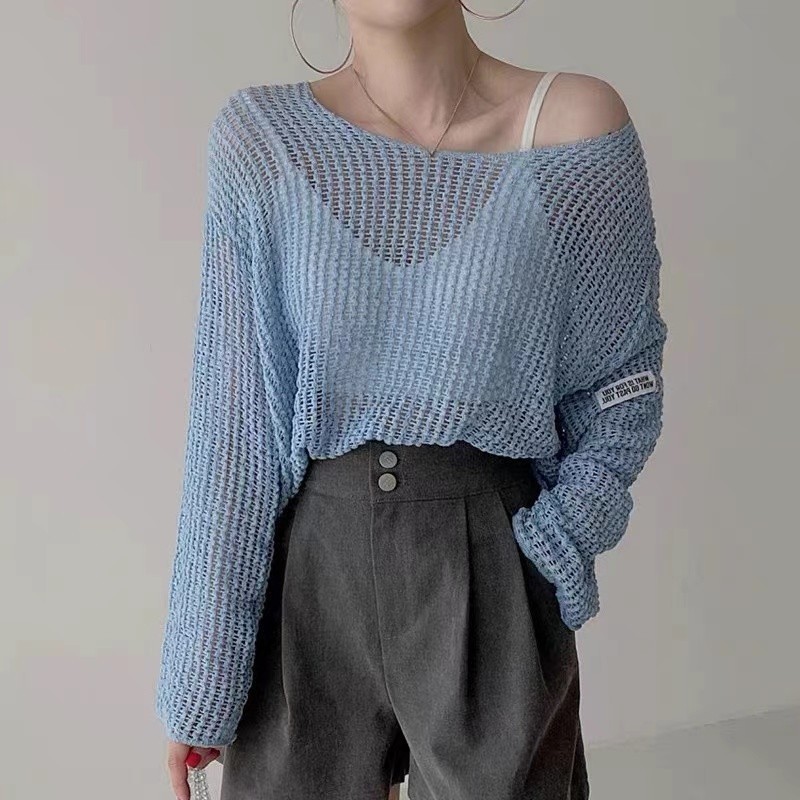 Suxi Retro Thời Trang Phong Cách Hàn Quốc Cổ Tròn Dài Tay Nữ Mỏng Rỗng Dệt Kim 240305