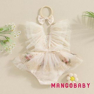 Mg-trang Phục Bé Gái Sơ Sinh Tay Bay Thêu Hoa Tuyn Chắp Vá Áo Liền Quần Có Nơ Băng Đô Quấn Tóc Quần Áo Mùa Hè