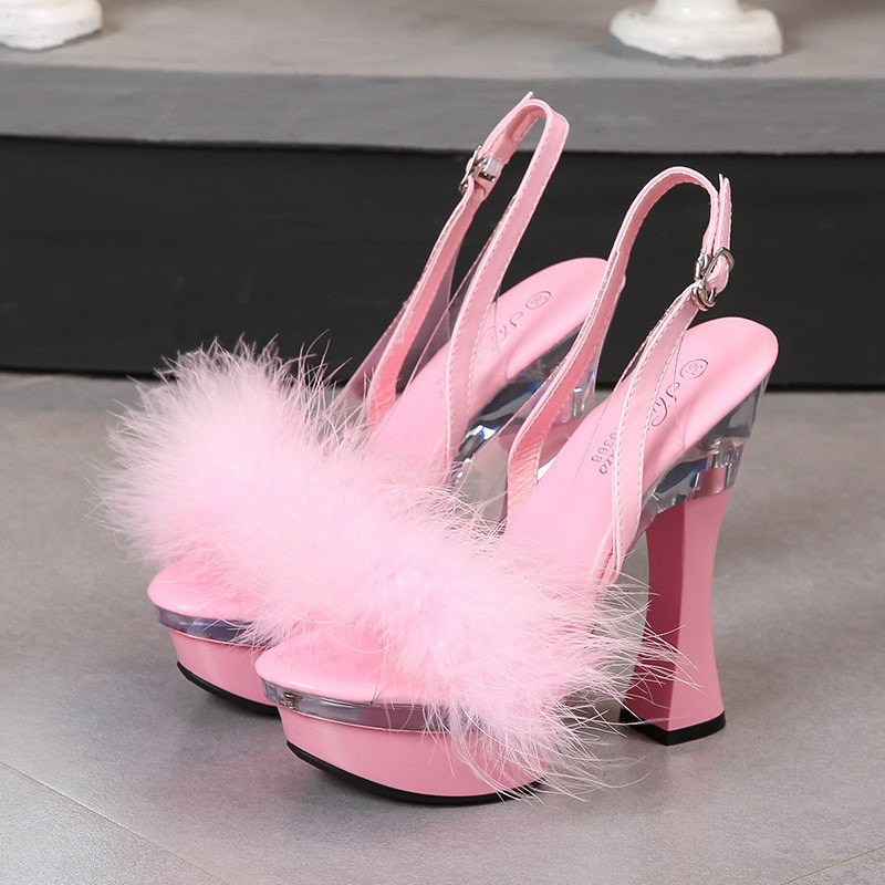 Nền Tảng Chống Thấm Nước Sàn Catwalk Dày Gót Kích Thước Châu Âu Mỹ Thời Trang Lông Pha Lê Giày Sandal 2024 34-43 Giai Đoạn Bằng Sáng Chế Da