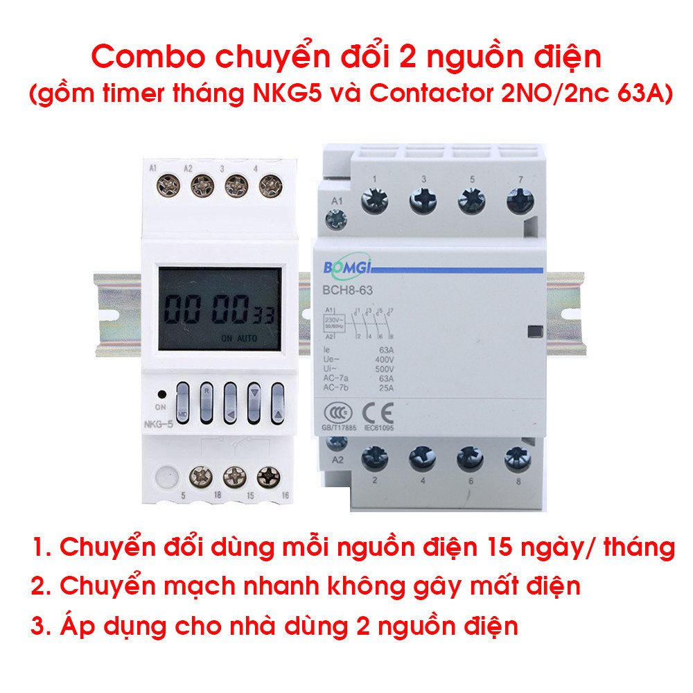 Combo bộ chuyển đổi 2 nguồn điện luân phiên 15 ngày tự động gồm Timer ...