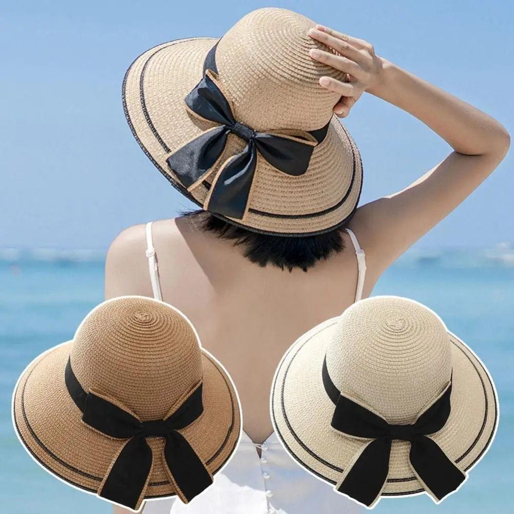 Mũ ngư dân HOBBYIN, Mũ chống nắng nữ thời trang thông thường, Mũ rơm có thể gập lại UV Bảo vệ du lịch Mũ đi biển