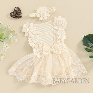 Baga-infant Bé Gái Mùa Hè Không Tay Cổ Tròn Tuyn Chắp Vá Ren Hoa Romper Có Băng Đô
