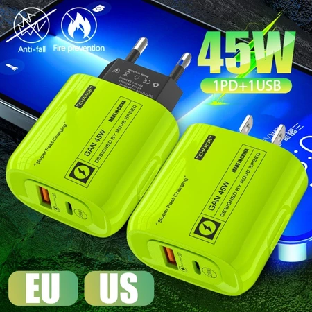 Bộ sạc nhanh 45W - Bộ sạc điện thoại di động nhanh - Khối sạc nhanh 2 trong 1 - Bộ sạc USB-A cổng kép PD - cho iPhone - Phích cắm tường xanh