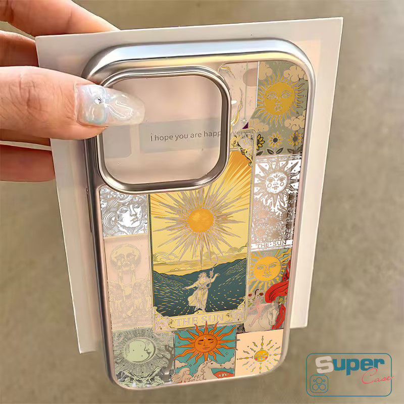 Sáng Tạo Retro Nghệ Thuật Dễ Thương Cô Gái Mặt Trời Xoay Mèo Tương Thích Cho IPhone 15 16 11 13 14 12 Pro Max 7Plus X XS Max XR 15 8 16 7 Plus SE Khung Mạ Điện Sang Trọng Trong Suốt Bìa Mềm