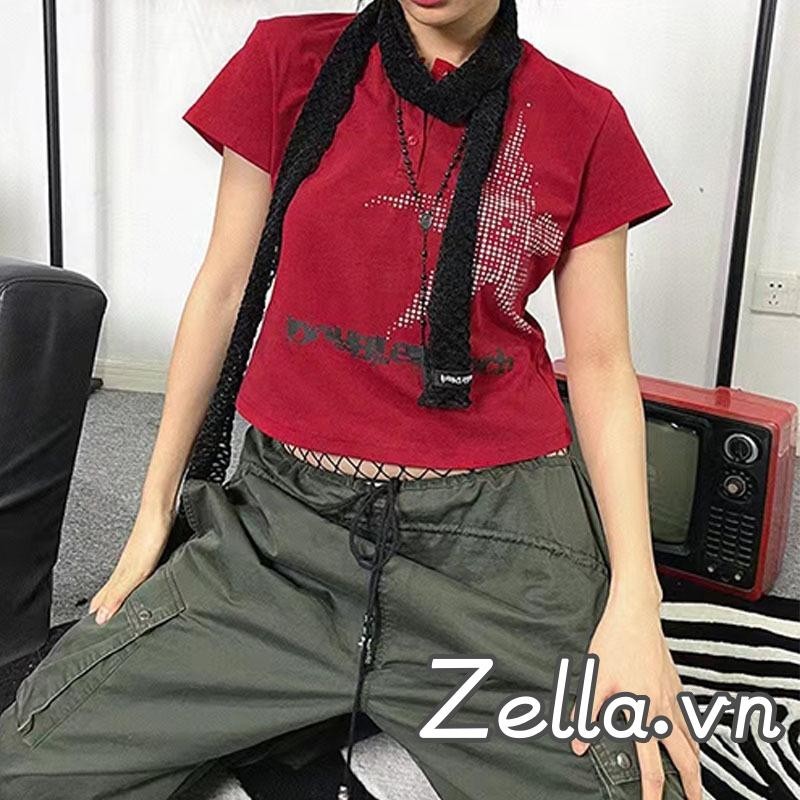 Áo thun nữ tay ngắn mùa hè Y2K in hình ngôi sao nút xuống Crop Tops Dạo phố