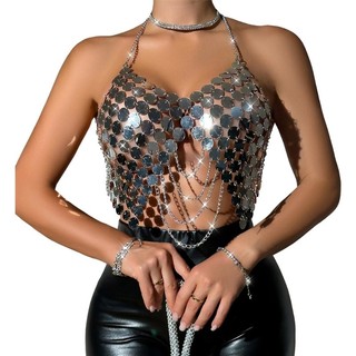 Hum Nữ Kim Sa Lấp Lánh Dây Crop Top Kim Loại Tua Rua Backless Camisole Body Chain