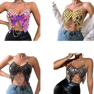 Hum Nữ Kim Sa Lấp Lánh Dây Crop Top Kim Loại Tua Rua Backless Camisole Body Chain