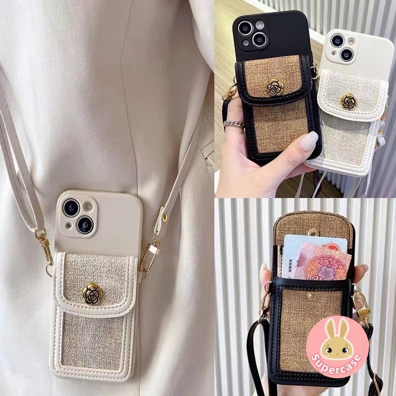 Ốp Lưng Đựng Thẻ LuxurU Camellia Cho Samsung Galaxy S24 S23 S22 S21 S20 Ultra Plus FE S10 S9 S8 Plus S10e Vỏ Thẻ Ví Mềm Có Dây Buộc Vỏ Điện Thoại