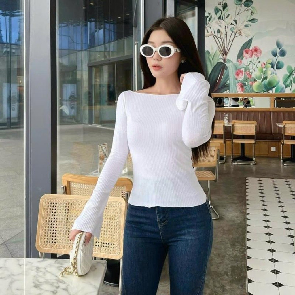 Áo Len Trễ Vai Tay Dài Ống Loe 29 Viền Cuốn Biên Đơn Giản A5948