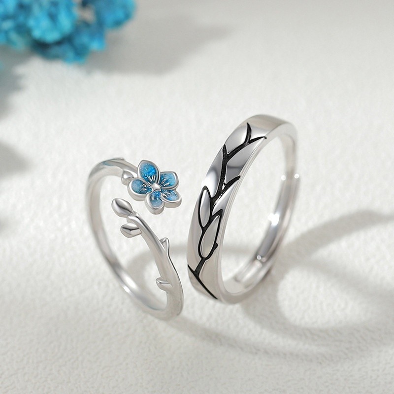 S925 Bạc Đừng Quên Tôi Hoa Cặp Đôi Nhẫn Mở Có Thể Điều Chỉnh Nam Nữ Nhẫn Cặp Đôi