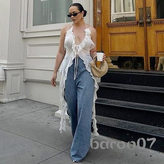 Phụ Nữ Dây Áo Không Đều Ruffle Tua Rua Áo Sơ Mi Không Tay Mùa Hè Áo Vest Cho Dạo Phố Thẩm Mỹ Grunge Quần Áo