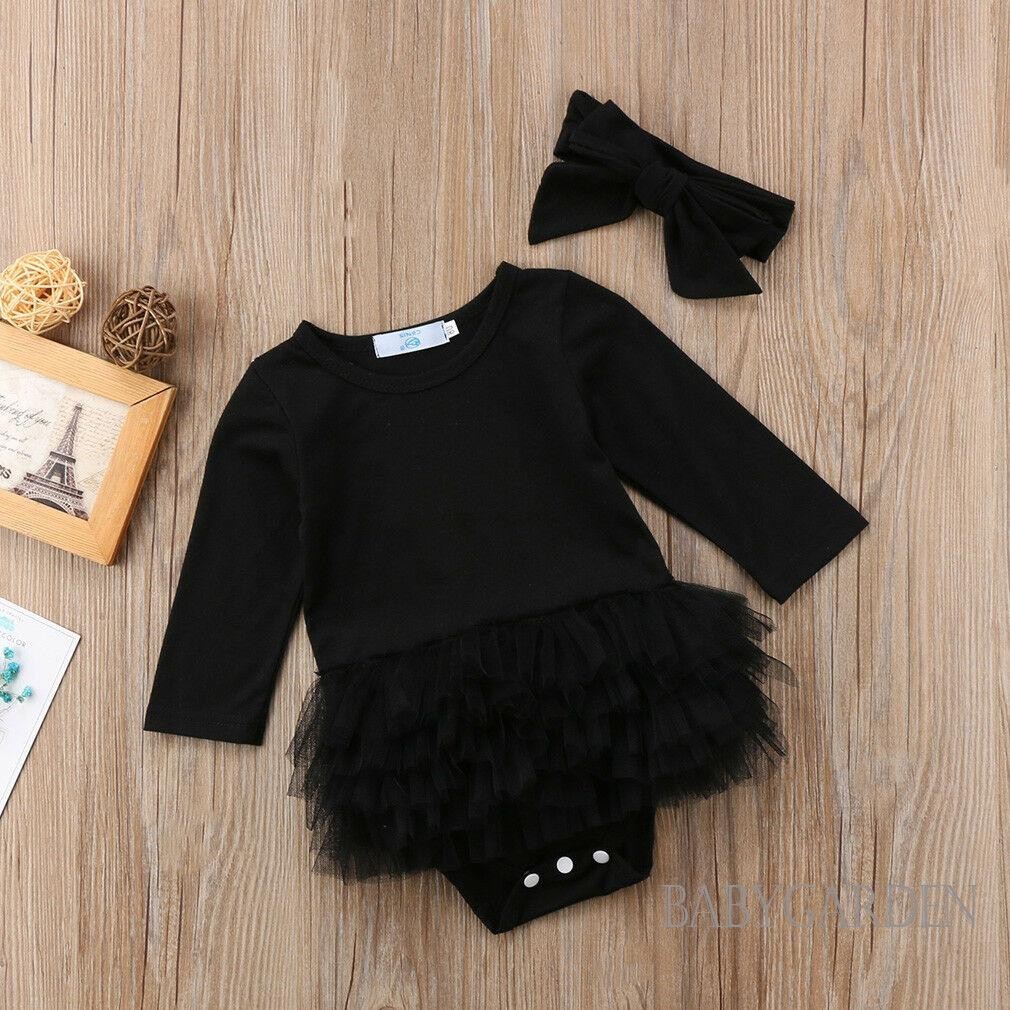 / / -Infant Baby Girls Áo liền quần dài tay có nơ Băng đô Quần áo công chúa cổ tròn thông thường