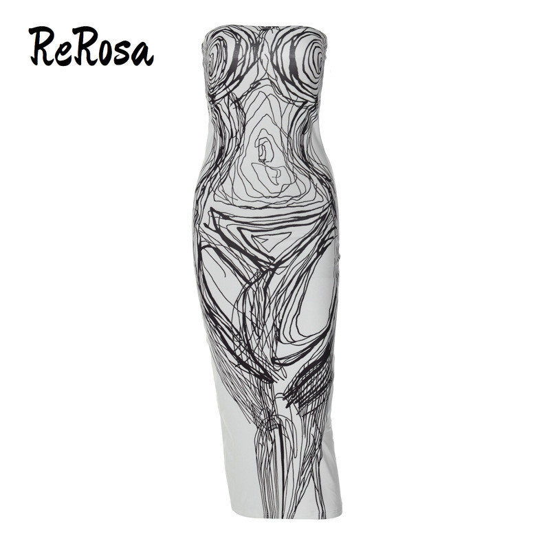 Rerosa Nữ Midi Đầm 2024 Không Đều Graffiti In Gợi Cảm Tắt Vai Slim Fit ...