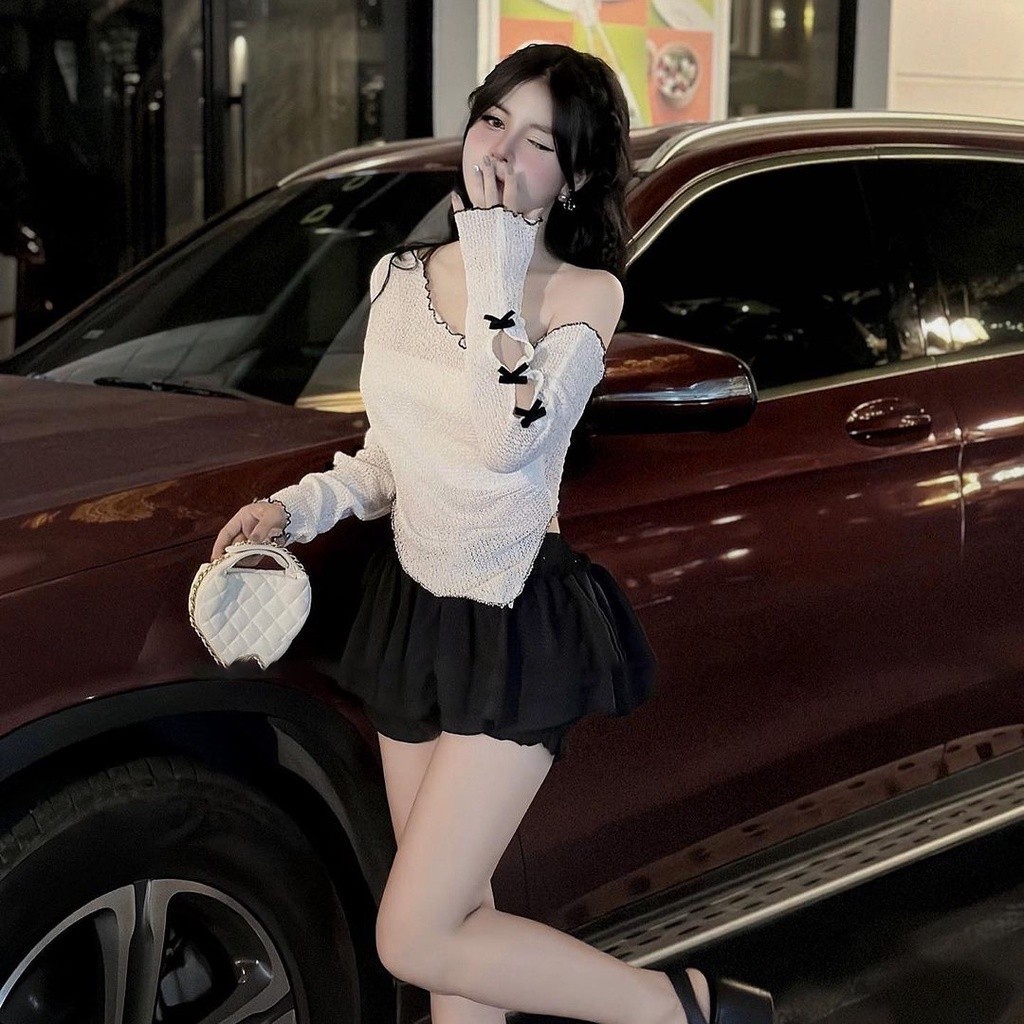 Áo kiểu lệch vai tay dài đính nơ  có lót ngực A5903