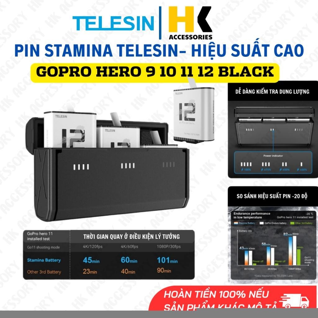 Pin Telesin Stamina Gopro 12 11 10 9 Black Và Dock sạc nhanh 15w có đèn ...