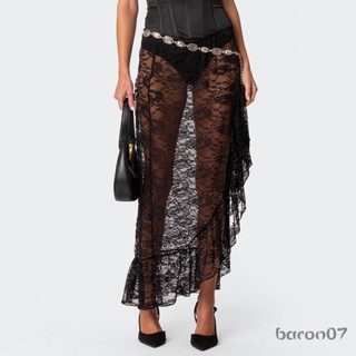 Nữ Ren Váy Dài Vintage Cao Cấp Màu Trơn Bất Đối Xứng Viền Ruffle Midi Váy Chảy Váy