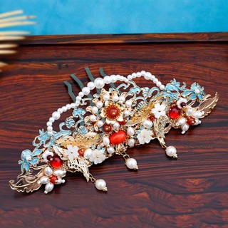 Phong cách cổ xưa Phụ kiện tóc thủ công Ming Made Tang Style Burnt Blue Hair Crown Hanfu Mũ đội đầu cô dâu Phong cảnh tuyệt đẹp Màu xanh tinh tế Lược tóc phong cách cổ xưa Phụ kiện tóc thủ công Ming Made Tang Style Burnt Blue Fever Crown Hanfu Bridal Head