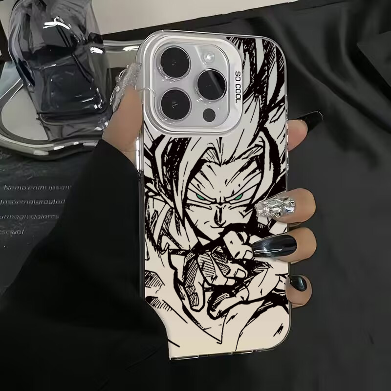 Ốp Lưng Cho iPhone 16 11 15 Pro Max 14 11 12 13 15 Pro Max XR XS X Anime Phổ Biến Goku Sang Trọng Mạ Bạc Bên Trong Bìa Cứng