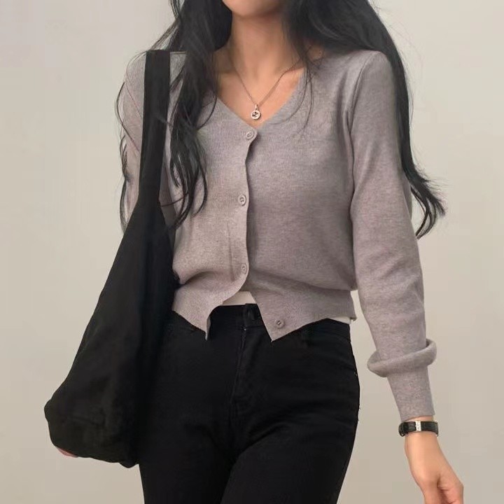 Suxi - Áo len dệt kim dệt kim cổ chữ V dài tay cổ chữ V đa năng dành cho nữ 240404