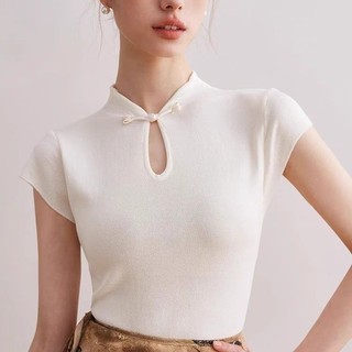 Áo thun cổ tay ngắn có nút đĩa phong cách Trung Quốc