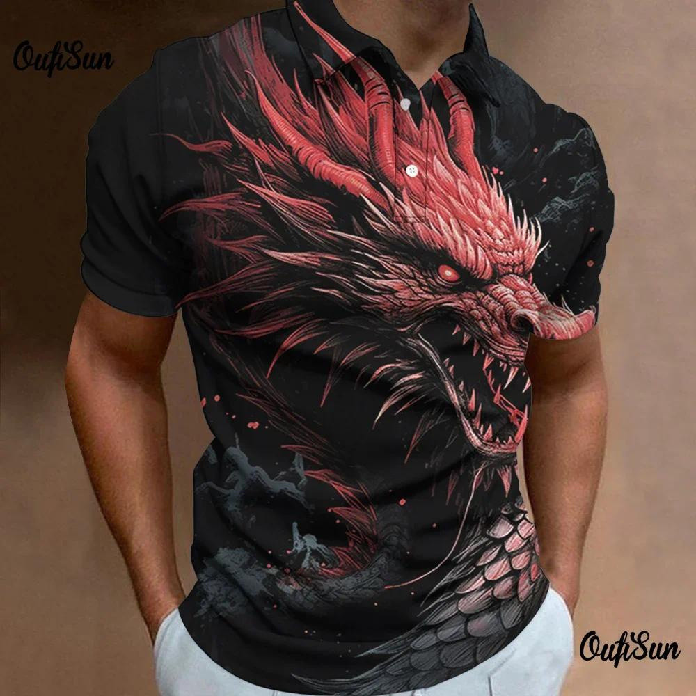 Áo polo nam có cổ họa tiết rồng 3D, tay ngắn, oversized, áo thun nam có nút, áo sweatshirt thường ngày cho nam, áo động vật
