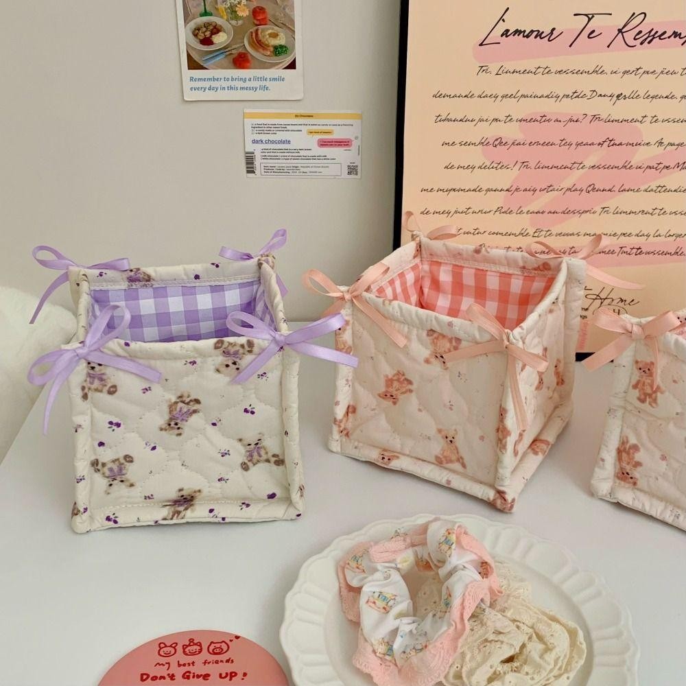Hộp lưu trữ AWNGD, Giỏ đựng đồ để bàn vuông bằng vải Cotton, Hộp sắp xếp họa tiết gấu dung lượng cao hoạt hình Trang trí nhà cửa