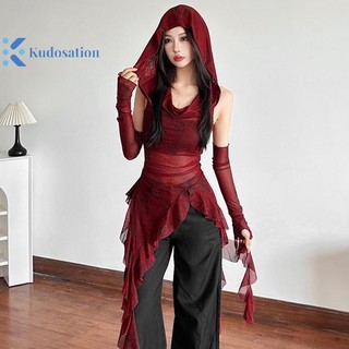 Kudosation Áo thun không tay có mũ trùm đầu lưới dành cho nữ Slim Fit Phong cách đường phố Áo Vest Slim Fit Hot Girl Đẹp