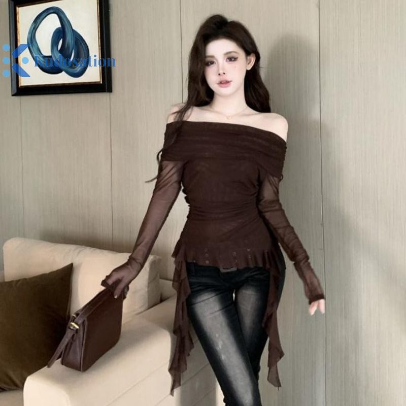 Kudosation Hot Girls Lưới Gợi Cảm Áo Thun Dài Tay Mỏng Không Đều Xù Ruy Băng Chống Nắng Top Đẹp