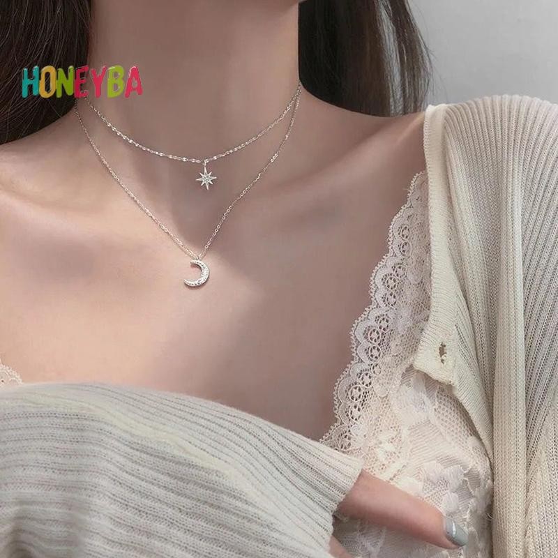 < Honeyba > Vòng cổ vòng cổ mặt trăng ngôi sao phong cách Hàn Quốc Dây chuyền xương đòn hai lớp dành cho nữ Phụ kiện trang sức bé gái