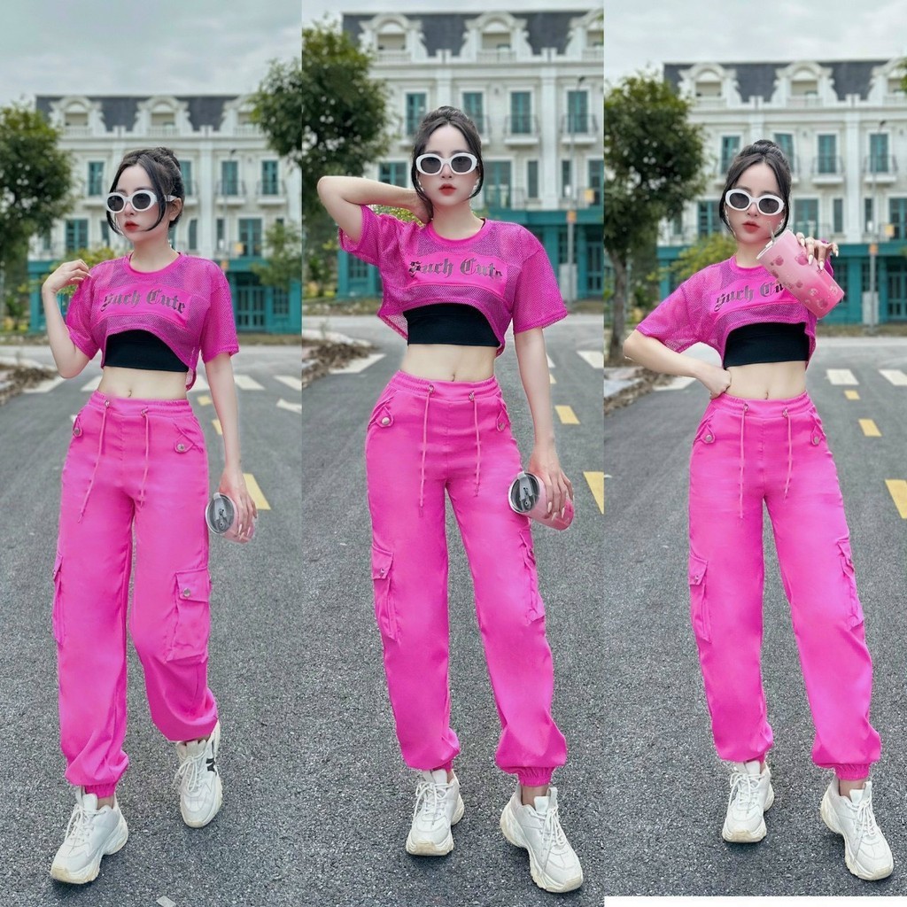Set 3 chi tiết cộc tay áo lưới + áo bra + quần kaki co giãn thoải mái khi tập thích hợp tập zumba, erobic, shuffer dance