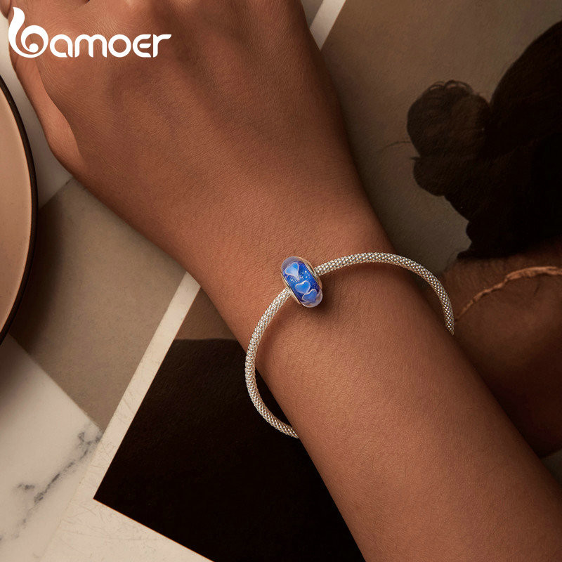 Bamoer 925 Sterling Sliver Charm Trái Tim Xanh Hoa Murano Hạt Mặt Dây Chuyền Phụ Kiện Series Cho Vòng Tay