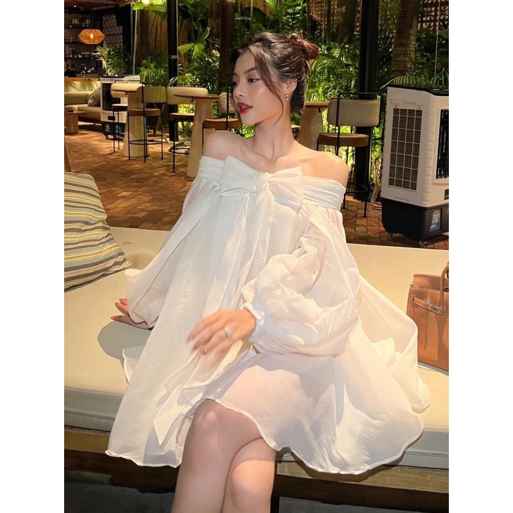 Đầm ngắn nữ kiểu áo dấu quần , áo babydoll trễ vai tay bồng xòe thắt nơ 2 lớp cao cấp chất voan tơ- D03