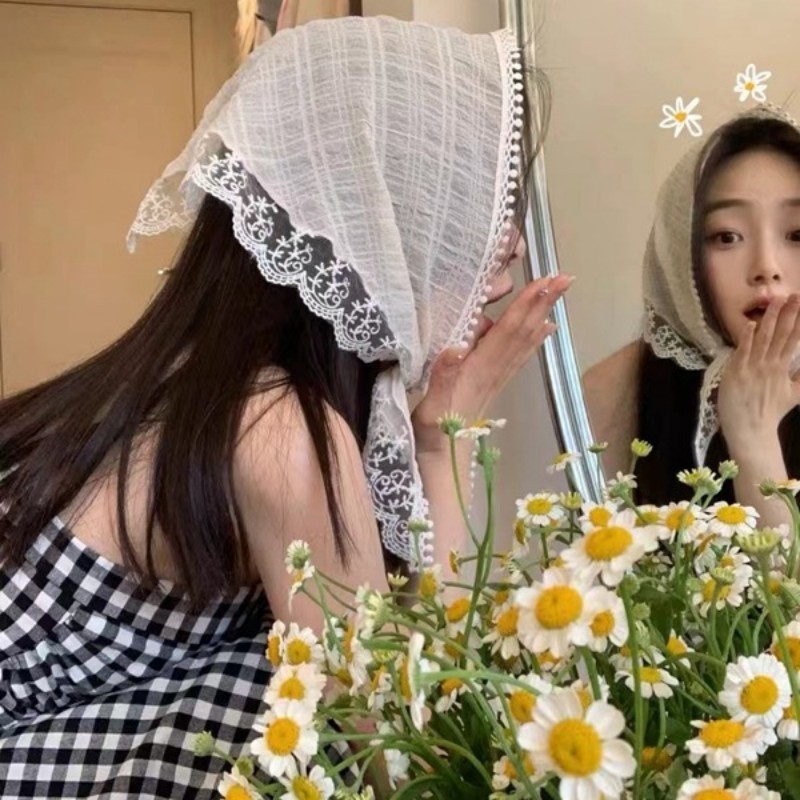 [Yunyuan] Khăn trùm đầu ren hình tam giác kiểu Pháp mùa hè chống nắng mỏng thoáng khí thời trang băng đô