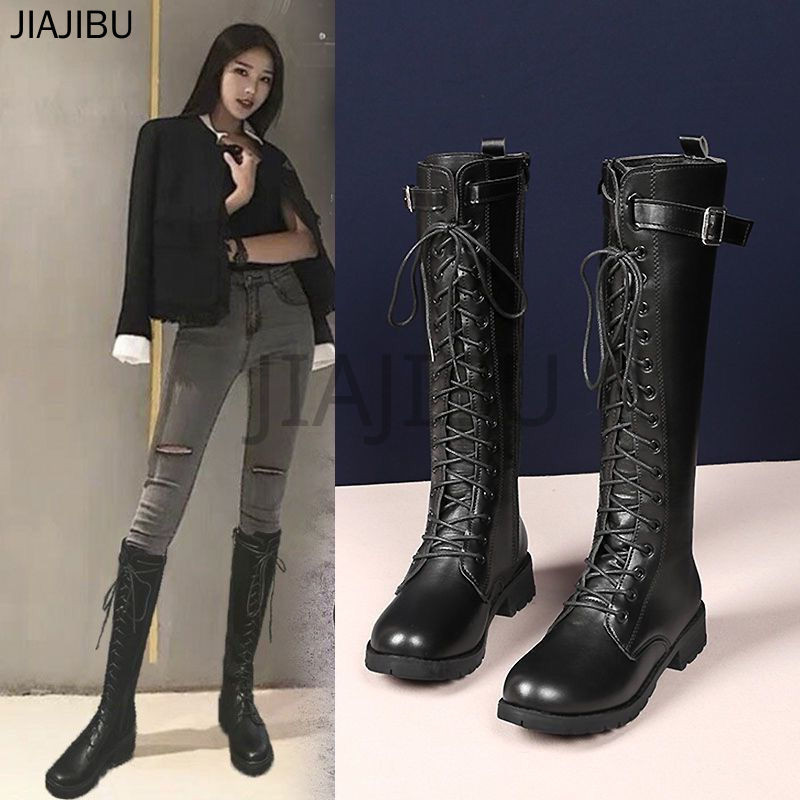 Size 35-43 Giày Bốt Cao Bồi Đế Dày Thời Trang Hàn Quốc Giày Nữ Cỡ Lớn Non-slip Thick Heel Long Boots 42 British Black Lace Up Knight Boots Retro Zipper Martin Boots Ủng Cao 41 Giày Bốt Đi Xe Máy Thời Trang Hàn Quốc Cosplay Leather Boots Ủng Khiêu Vũ