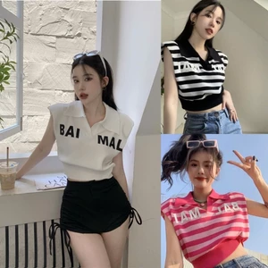 Áo cộc mùa hè nữ thiết kế cách điệu Croptop chất liệu dệt kim tay hến cổ polo hottrend MT33 SP268