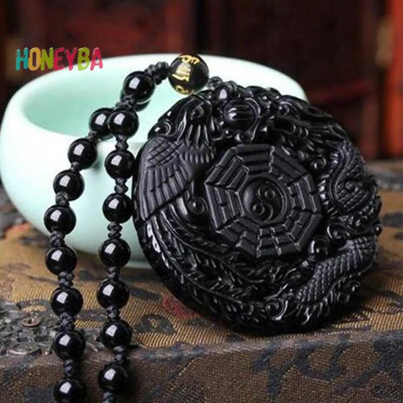 < Honeyba > Đen Tự Nhiên Obsidian Tay Khắc Rồng Trung Quốc Phượng Hoàng Chim Bùa Hộ Mệnh Vòng Cổ BaGua Dành Cho Nữ May Mắn Linh Vật Bùa Mặt Dây Chuyền