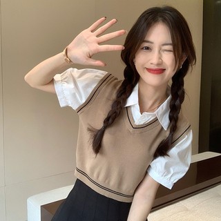 Áo sơ mi mùa hè mới cho phụ nữ phong cách NS ngắn, áo polo giả hai mảnh, áo len đan cho phụ nữ