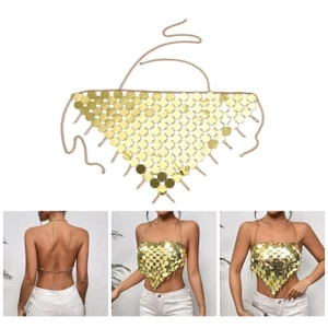 Shimmering Halter Bikini Bra Women Nightclub Metallic Sequins Tassels Body Chain