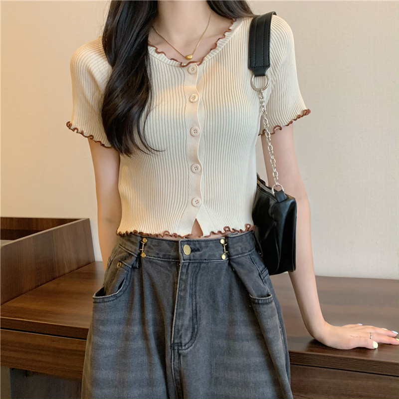 Áo Thun phông croptop Dệt Kim Áo Thun Trắng Nấm Cạnh Chính Hãng Vai Ngắn Tay Mùa Hè Phong Cách Mới Áo baby tee