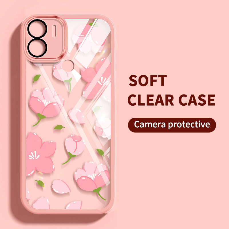 Ốp Điện Thoại Trong Suốt Màu Siêu Mỏng YBD Cho Redmi A1 A2 Plus A1 + A2 + 2022 Xiaomi POCO C50 C51 Họa Tiết Hoa Tulip Hồng (Có Phim Ống Kính Tích Hợp)